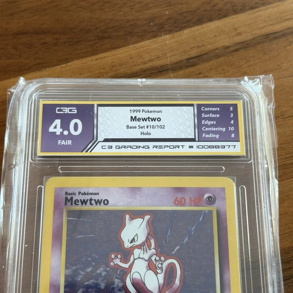 Pokémon Mewtwo TCG Holo Rare Card 10/102 Base Set Unlimited C3 Grading 4 Slab
